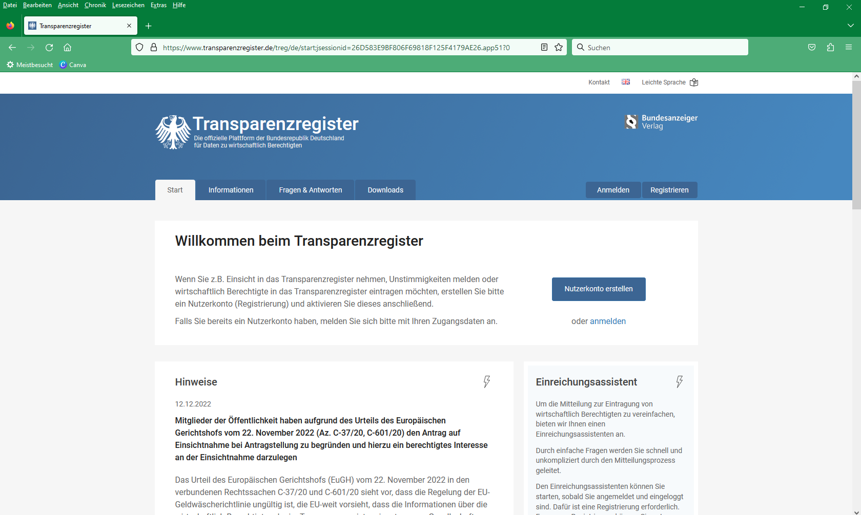Screenshot der Website Transparenzregister