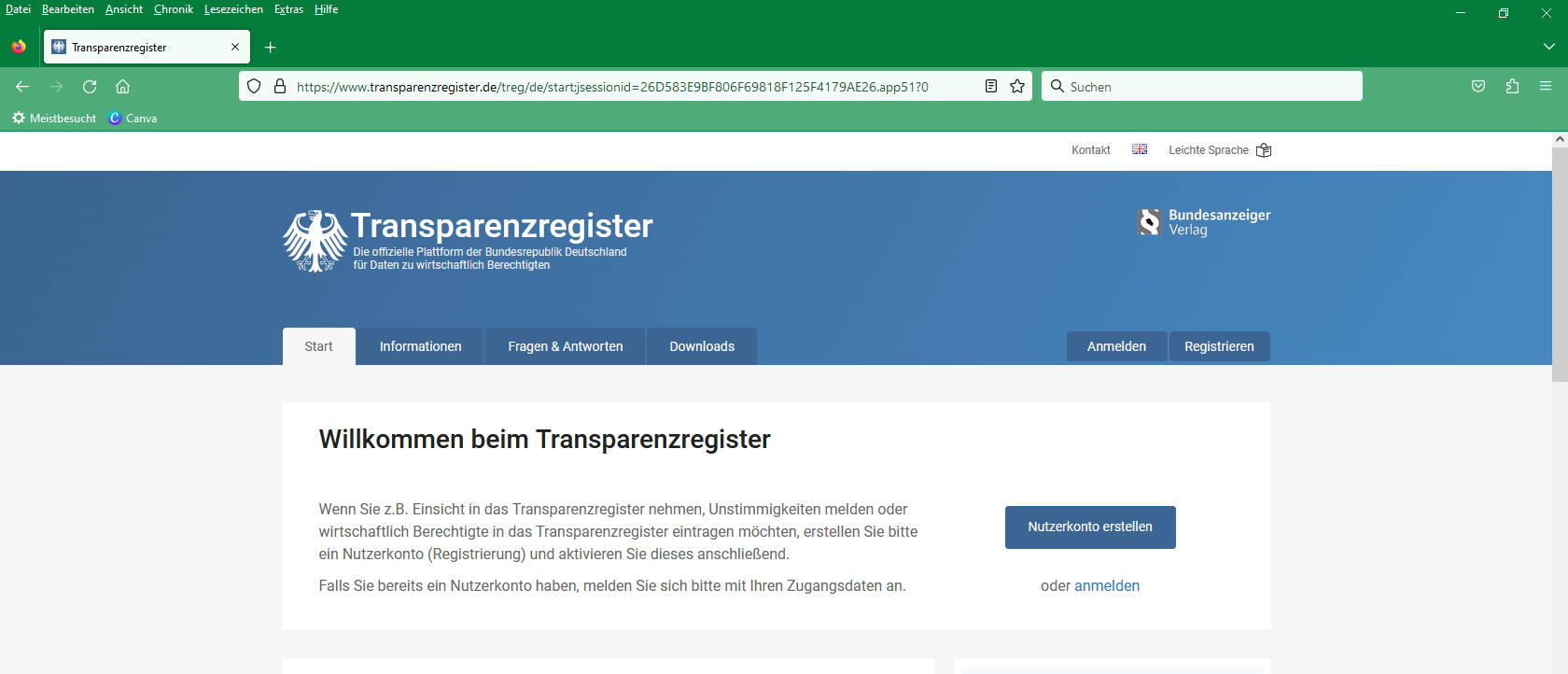 Screenshot der Website Transparenzregister