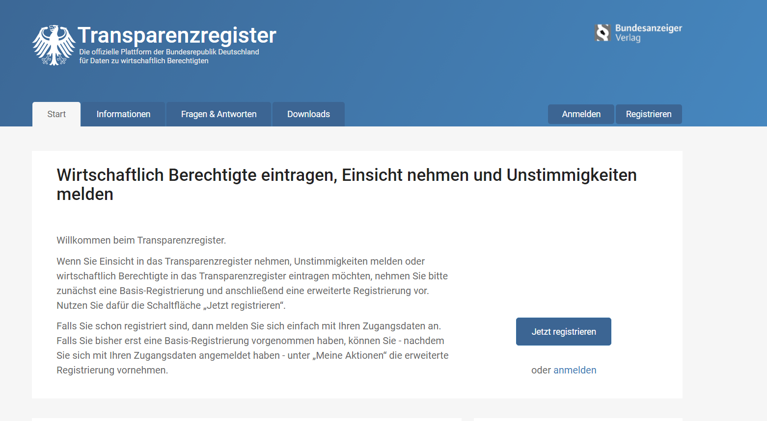 Screenshot Website Transparenzregister